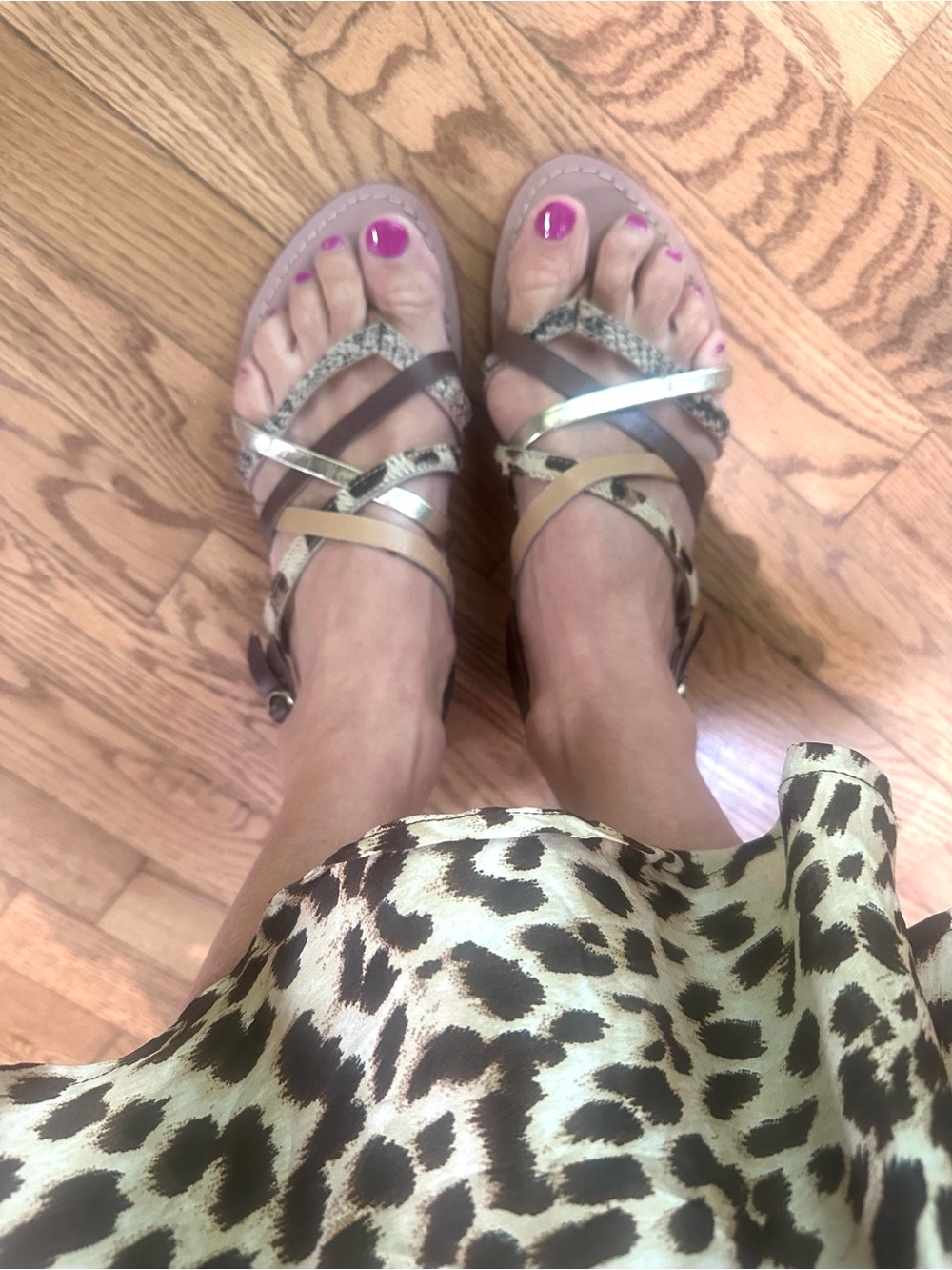 Anthropologie Bibi Lou Leopard Reptile Strappy Flat Sandals Brown & Gold 8.5